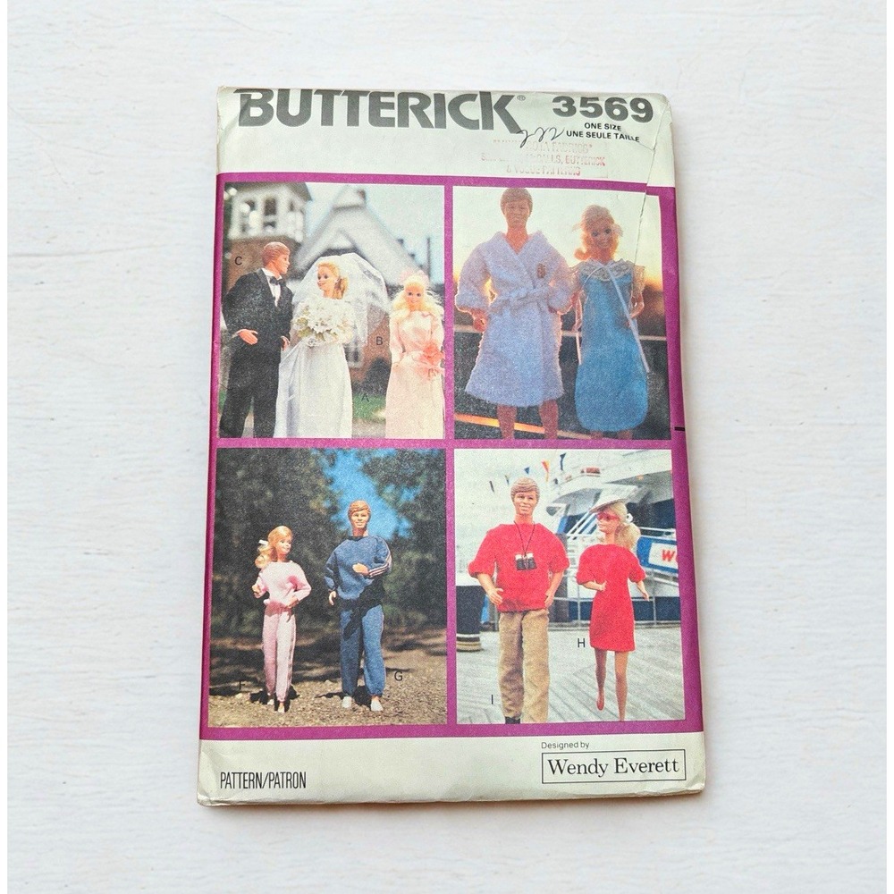 Vintage 1989 Butterick 3569 Barbie & Ken Doll Clothes Sewing Pattern Retro